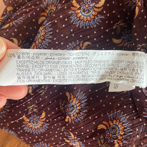 Zara | Women's Burgundy Boho Print Sheer Tie Waist Top | Size: XS - Picture 8 of 10